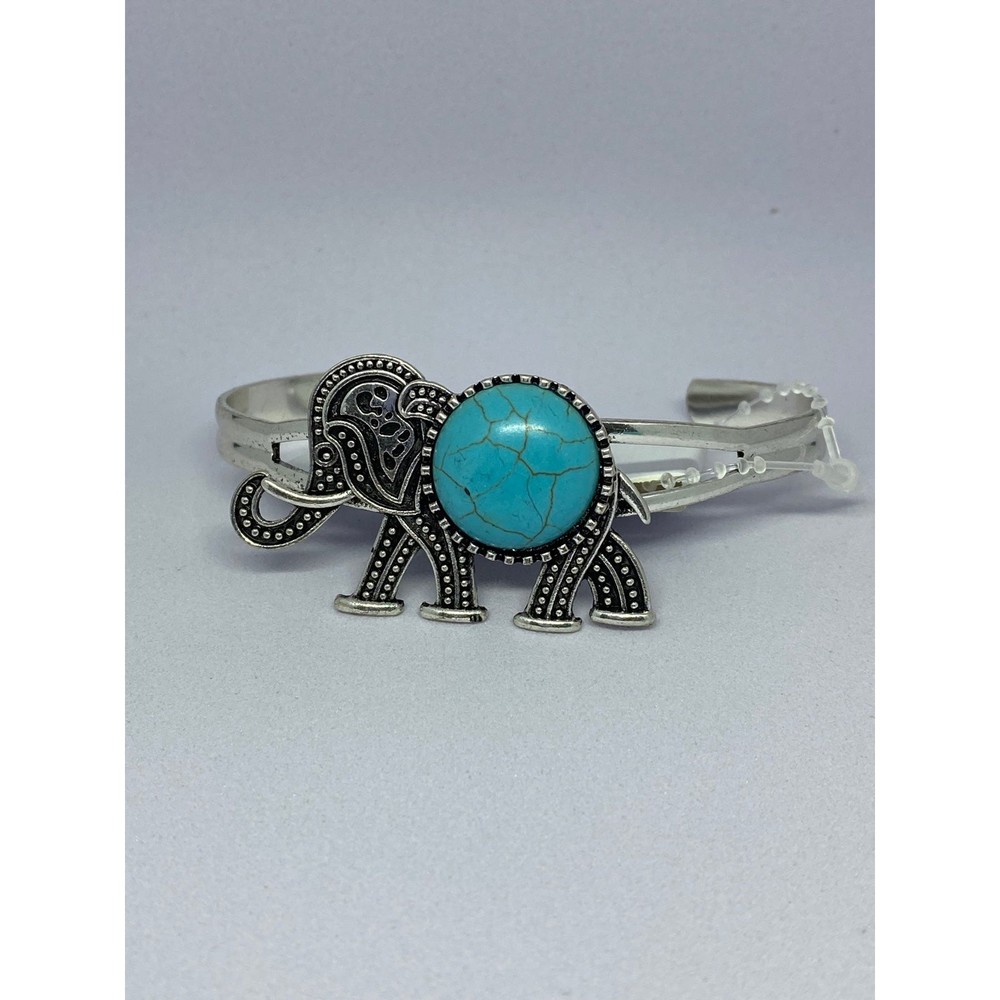 Silver Tone Elephant Turquoise Stone Cuff Bracelet